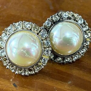 Vintage ROMAN Rhinestone Faux Pearl Earrings Champagne Mabe Pierced Studs Signed